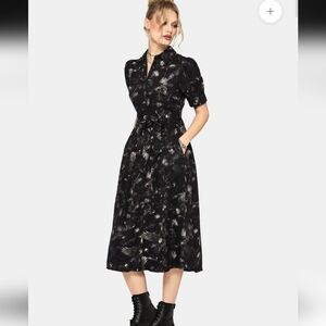 Disturbia 🕸 Crimson Magpie And Moth Print Midi Shirt Dress Sz Us10